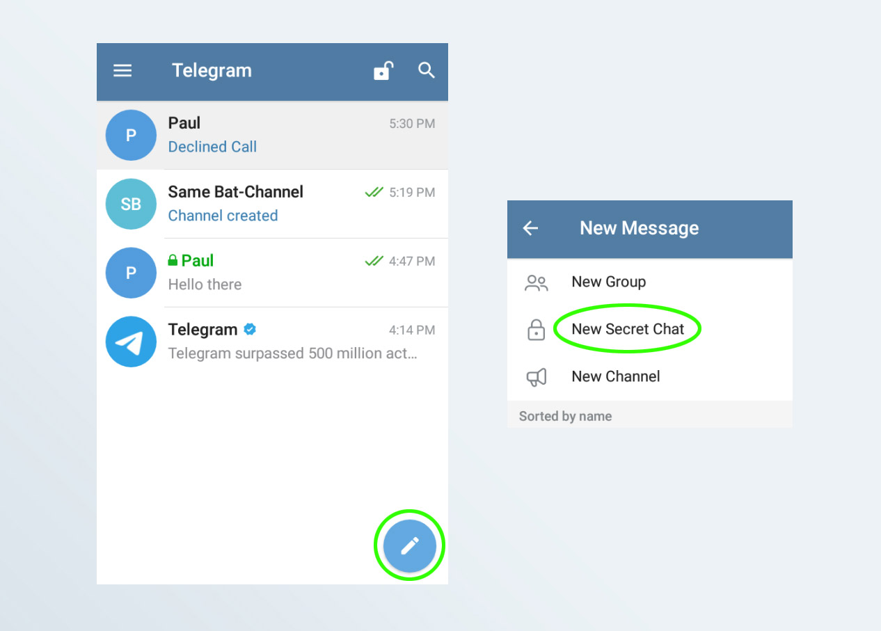 Capturas de pantalla de cómo iniciar un chat secreto en la aplicación Telegram para Android.